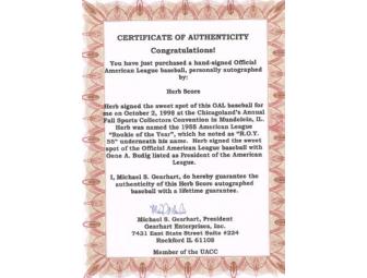 Signed Baseball: Herb Score--Cleveland Indians Rookie of the Year 1955