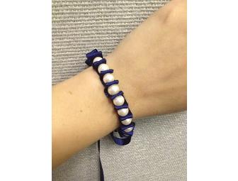 Hand-made Navy Blue Ribbon and Pearl Bead Bracelet