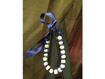 Hand-made Navy Blue Ribbon and Pearl Bead Bracelet