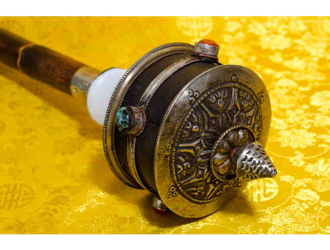 Silver Copper & Gemstone Tibetan Buddhist Prayer Wheel, 15'