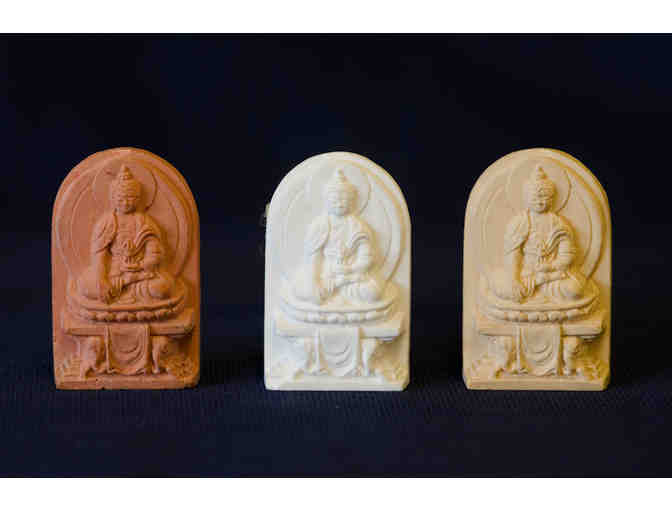 Carved Wooden Shakyamuni Buddha with Three Small Clay Tsa Tsas