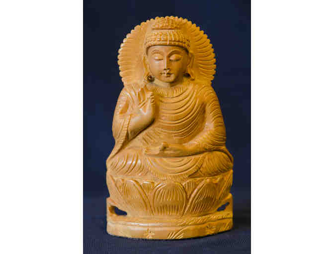 Carved Wooden Shakyamuni Buddha with Three Small Clay Tsa Tsas