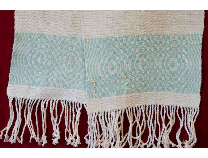 Hand-Woven 72' Cotton Table Scarf, Natural & Seagreen