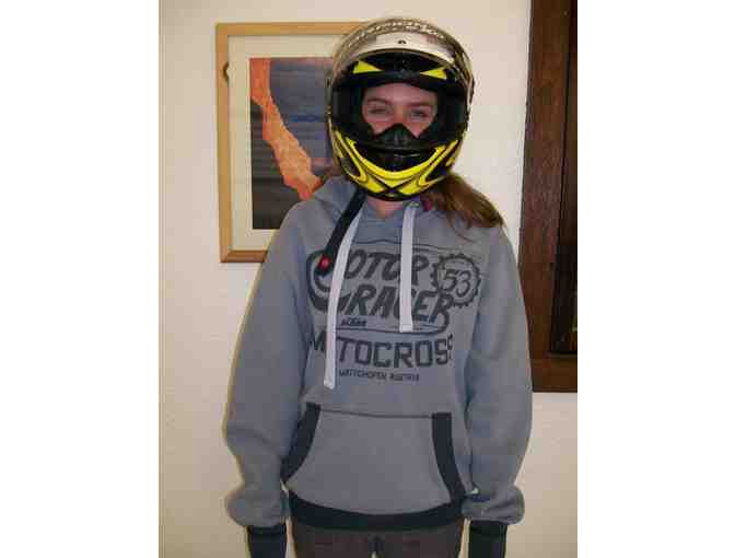 Comfy sweatshirt and small motorcycle helmet