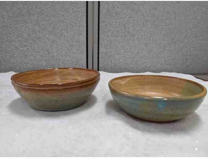 Hand-Made Pottery - Two Tan and Turquoise Glazed Bowls