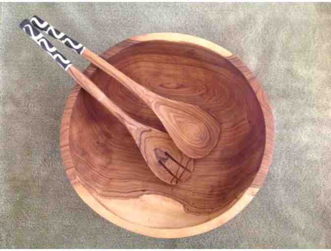 Wooden Salad Bowl with Camel Tooth Handled Tongs from Kenya
