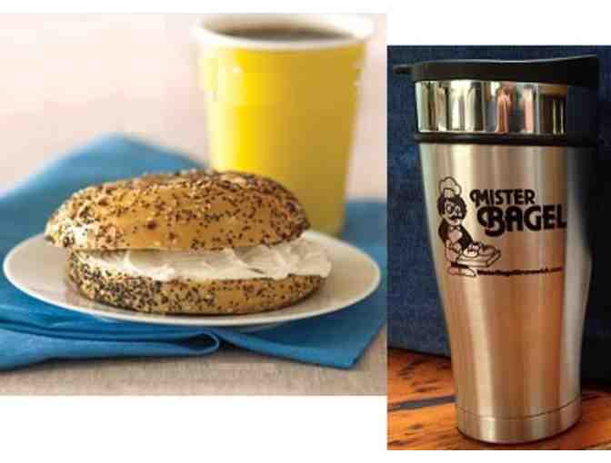 Bagel, coffee, and a stainless steel coffee mug from Mr. Bagel
