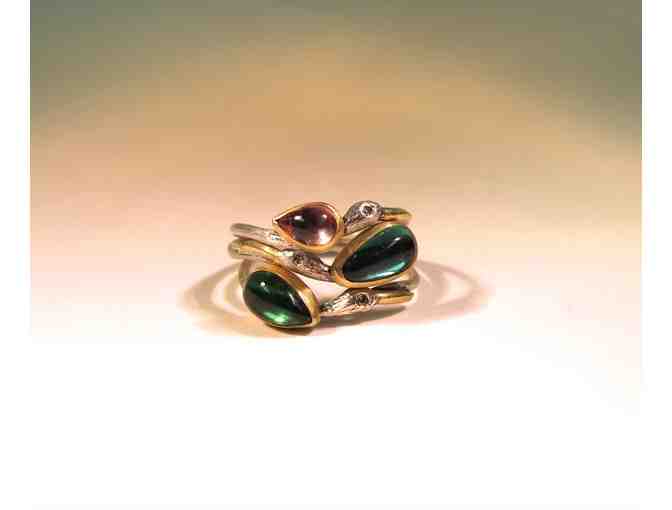 Blue-Green Tourmaline Bird Ring in 18k Gold & Silver by MCS parent Karen Kertesz-Sklar