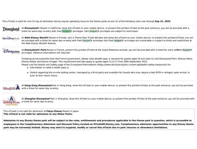 Three Complimentary Admission Tickets to Disney Parks