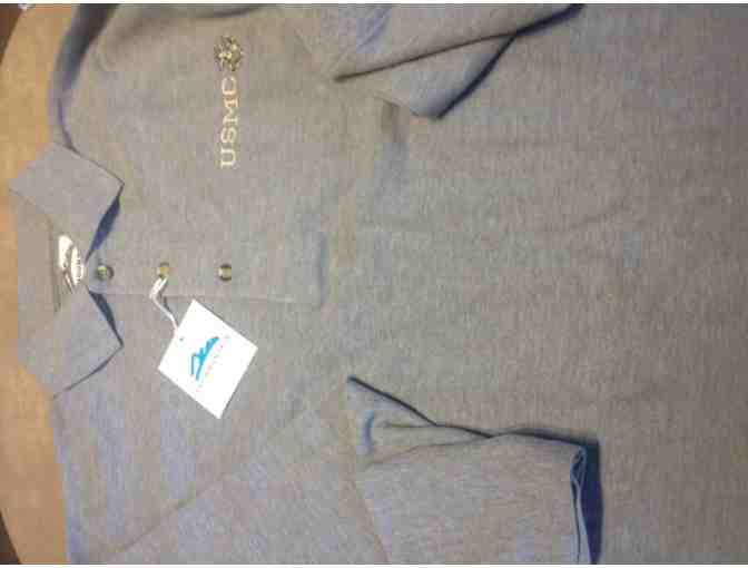 Embroidered USMC Long Sleeve Grey Golf Shirt Size Medium