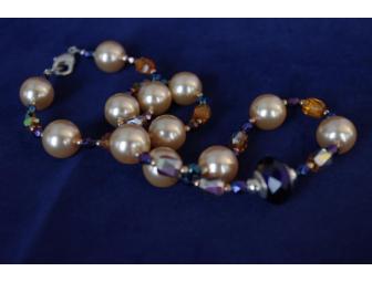 Large Peach Faux Pearls & Sapphire Charm Necklace