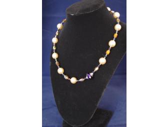 Large Peach Faux Pearls & Sapphire Charm Necklace