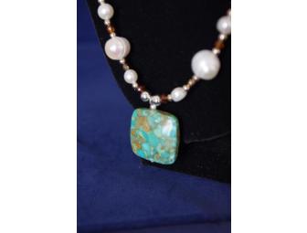 Fresh Water Pearls & Faux Turquoise Fob Necklace