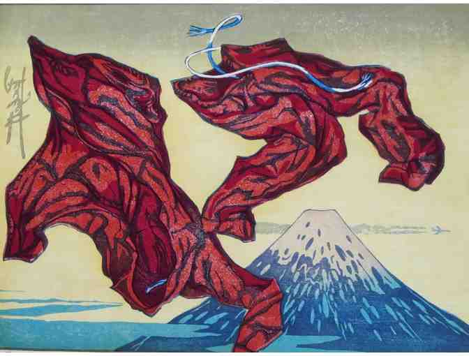 Red Pajamas Over Fuji (original woodblock print, 18'W x 14'H), Walt Padgett