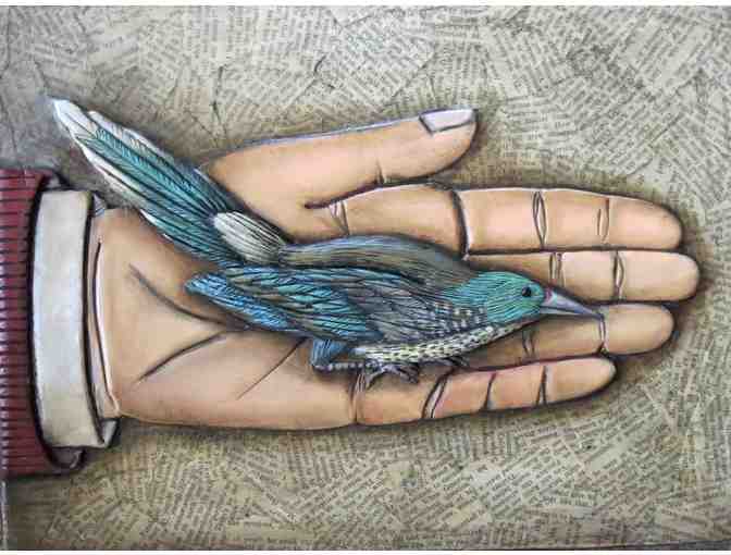 A Bird in Hand (paper/clay mixed media, 12'W x 9'H), Rogene Manas