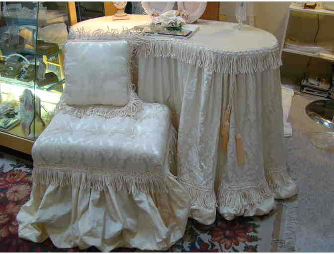 Handmade Satin Dressing Table, Bench, + Pillow