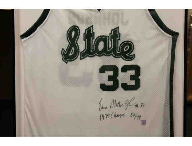 MAGIC JOHNSON AUTOGRAPHED, FRAMED AND NUMBERED MSU JERSEY