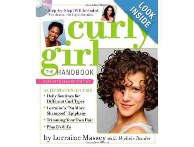 Basket of Deva Curl Hair Products, a curl styling tutorial,  and the Curly Girl Book!