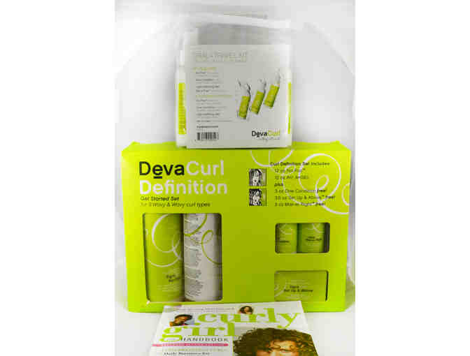 Basket of Deva Curl Hair Products, a curl styling tutorial,  and the Curly Girl Book!