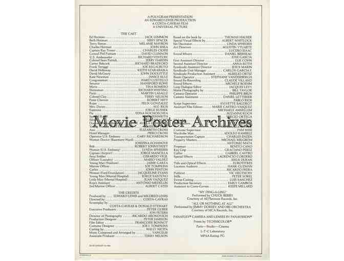 MISSING, 1982, program, Jack Lemmon, Sissy Spacek, Melanie Mayron, John Shea, Charles Cioffi