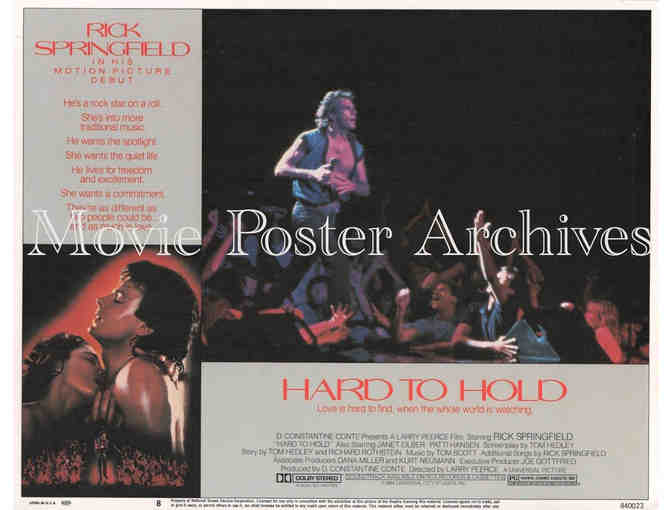 HARD TO HOLD, 1984, lobby card set, Rick Springfield, rock and roll concert