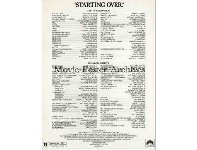 STARTING OVER, 1979, program, Burt Reynolds, Candice Bergen, Jill Clayburgh