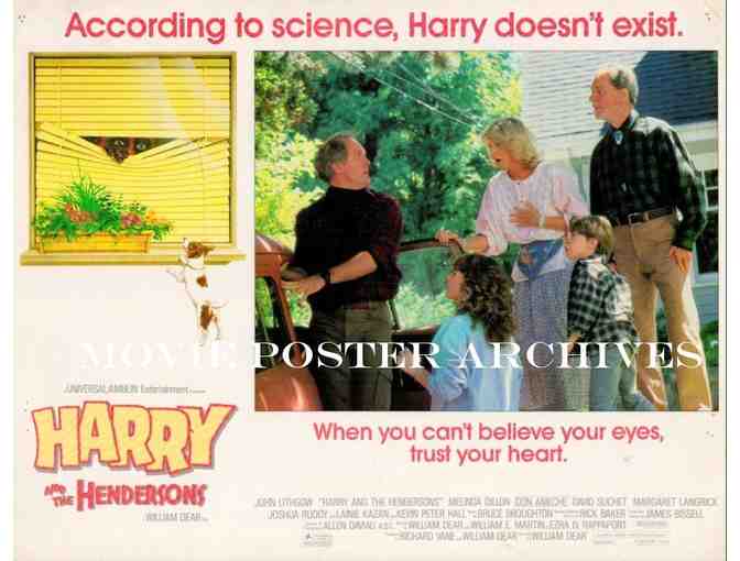 HARRY AND THE HENDERSONS, 1987, lobby cards, John Lithgow, Melinda Dillon
