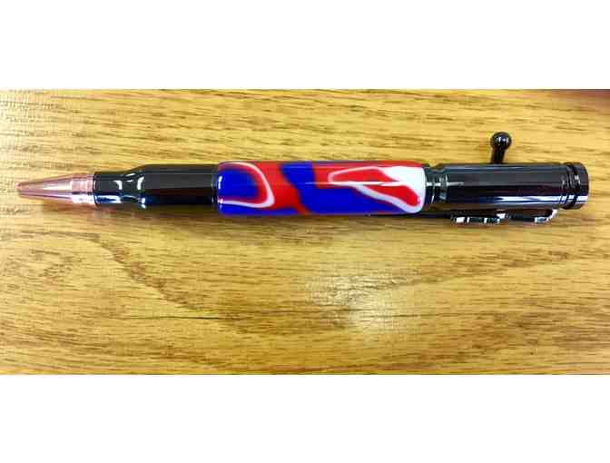 Hand-made, blue and red shell casing pen