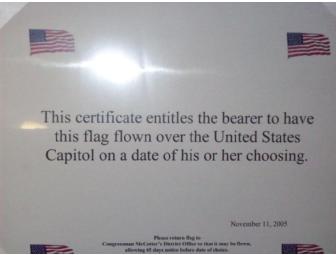 United States Flag with certificate to have flag flown over the United States Capitol
