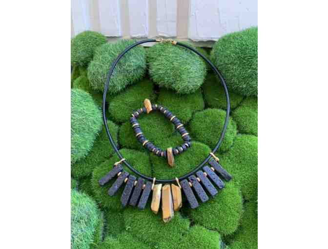 HANDMADE JEWELRY - Black Lava Beads, Quartz Leather Set - By Nadia Boncheva