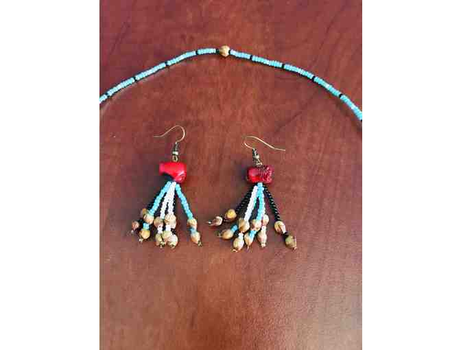 Cedar Blue/Black Beaded and Red Coral Necklace and Earrings Set