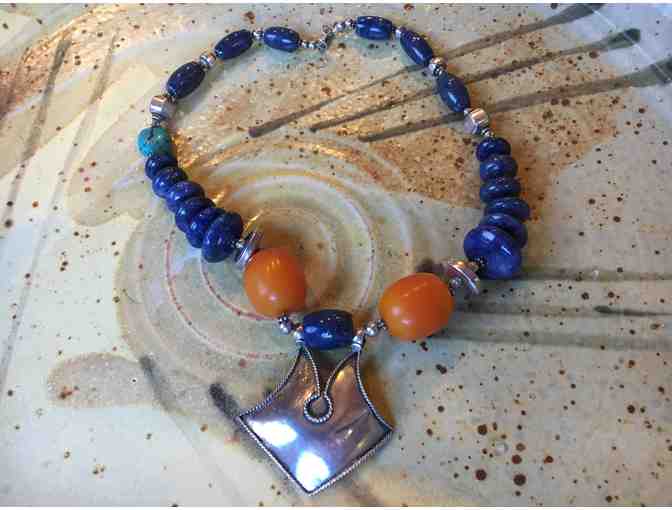 Silver, Honey Amber, and Lapis Necklace