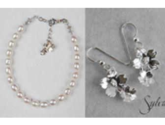 Cherry Blossom Sterling Earrings and Pearl Bracelet Set