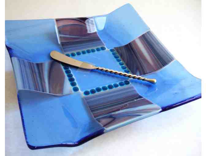 Glass Serving Plate (Blue Squares)