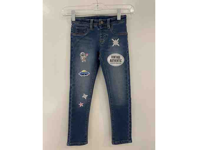 Junior Kid Blue Denim in Size 5/6 with space theme decor.