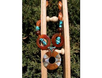 Turquoise, Wood, Shell & Red Agate Necklace