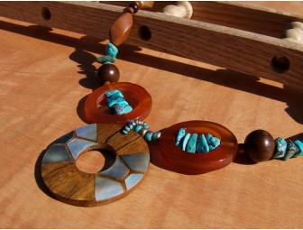 Turquoise, Wood, Shell & Red Agate Necklace
