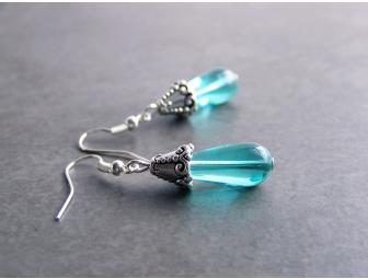 Earrings - Aqua Glass Droplet, Silver-Plated