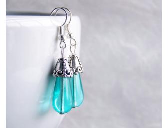 Earrings - Aqua Glass Droplet, Silver-Plated