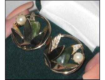 C. 1950 Retro Modernist Lotus Earrings with Jade