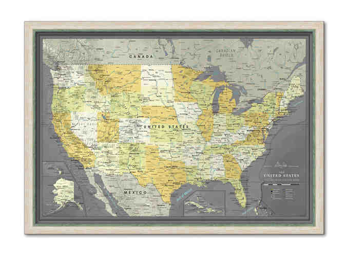 Framed United States travel map with push pins