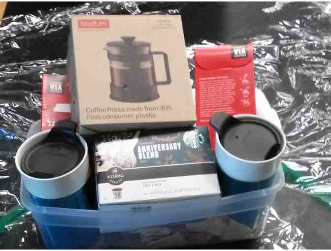 Starbucks Gift Basket - 2 Tumblers, a coffee press, 12 k-cups, & 24 single-serving packets