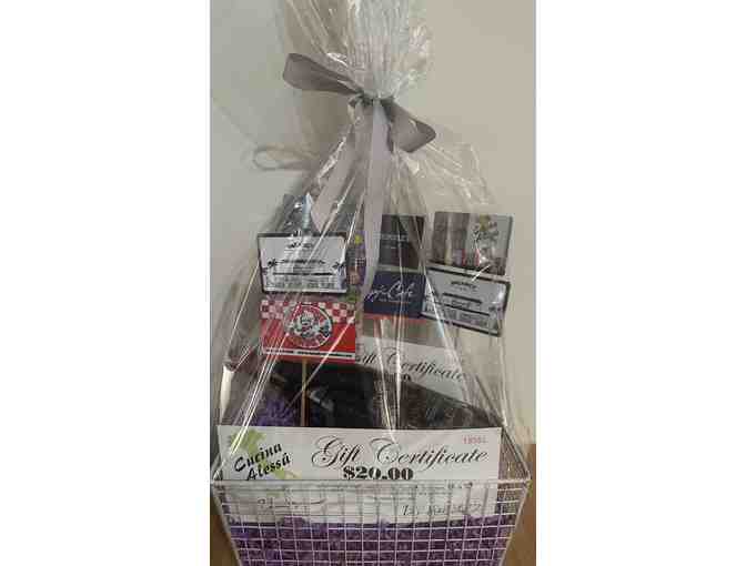 DIning Gift Basket - Includes Restaurant (8) Gift Cards, Wine and Scratch Off Cards