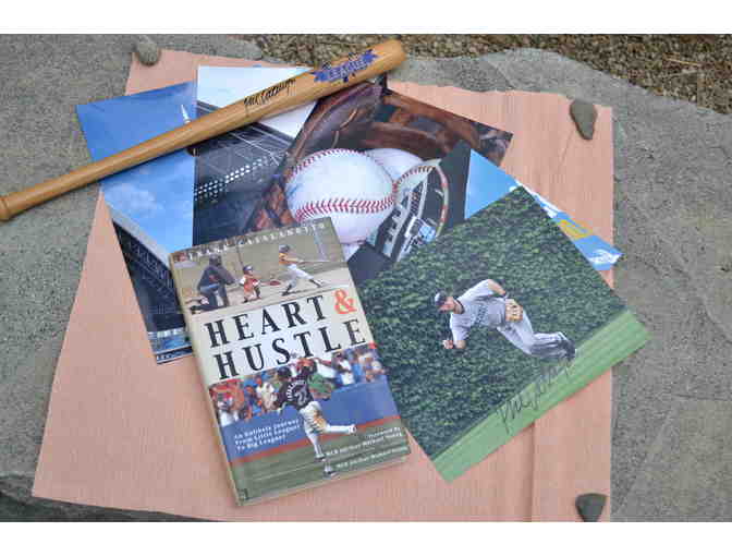 Signed by Frank Catalanotto: 'Heart and Hustle' book, minibat, baseball & photographs