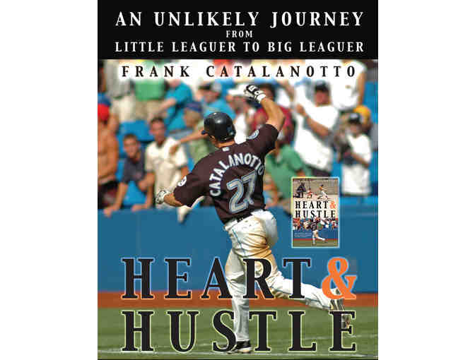 Signed by Frank Catalanotto: 'Heart and Hustle' book, minibat, baseball & photographs