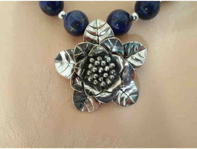 Lapis Bead Necklace with Pewter Flower Pendant