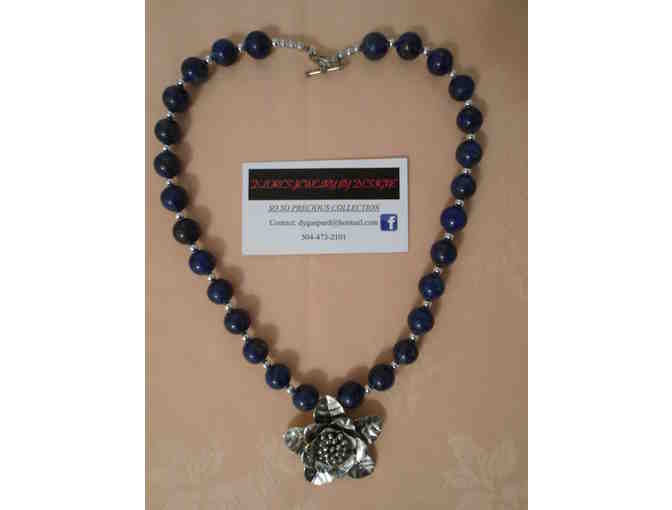 Lapis Bead Necklace with Pewter Flower Pendant