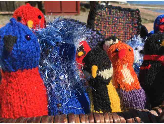 Basket of Hand-Knit Birds & Mug Rugs by Fiber Artist Allen Holtzhueter