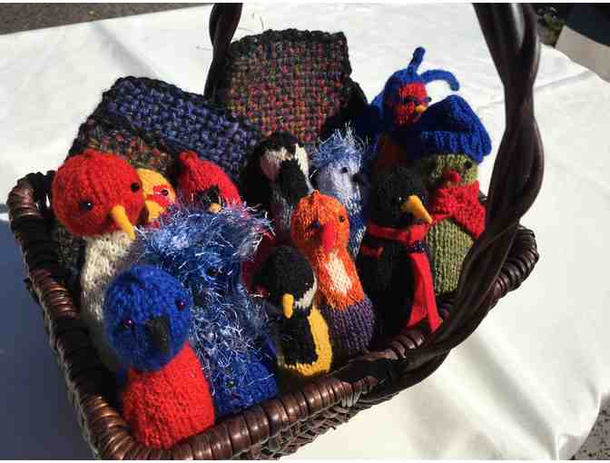 Basket of Hand-Knit Birds & Mug Rugs by Fiber Artist Allen Holtzhueter