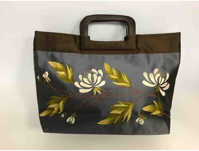 Embroidered Silk Handbag with Wooden Handles